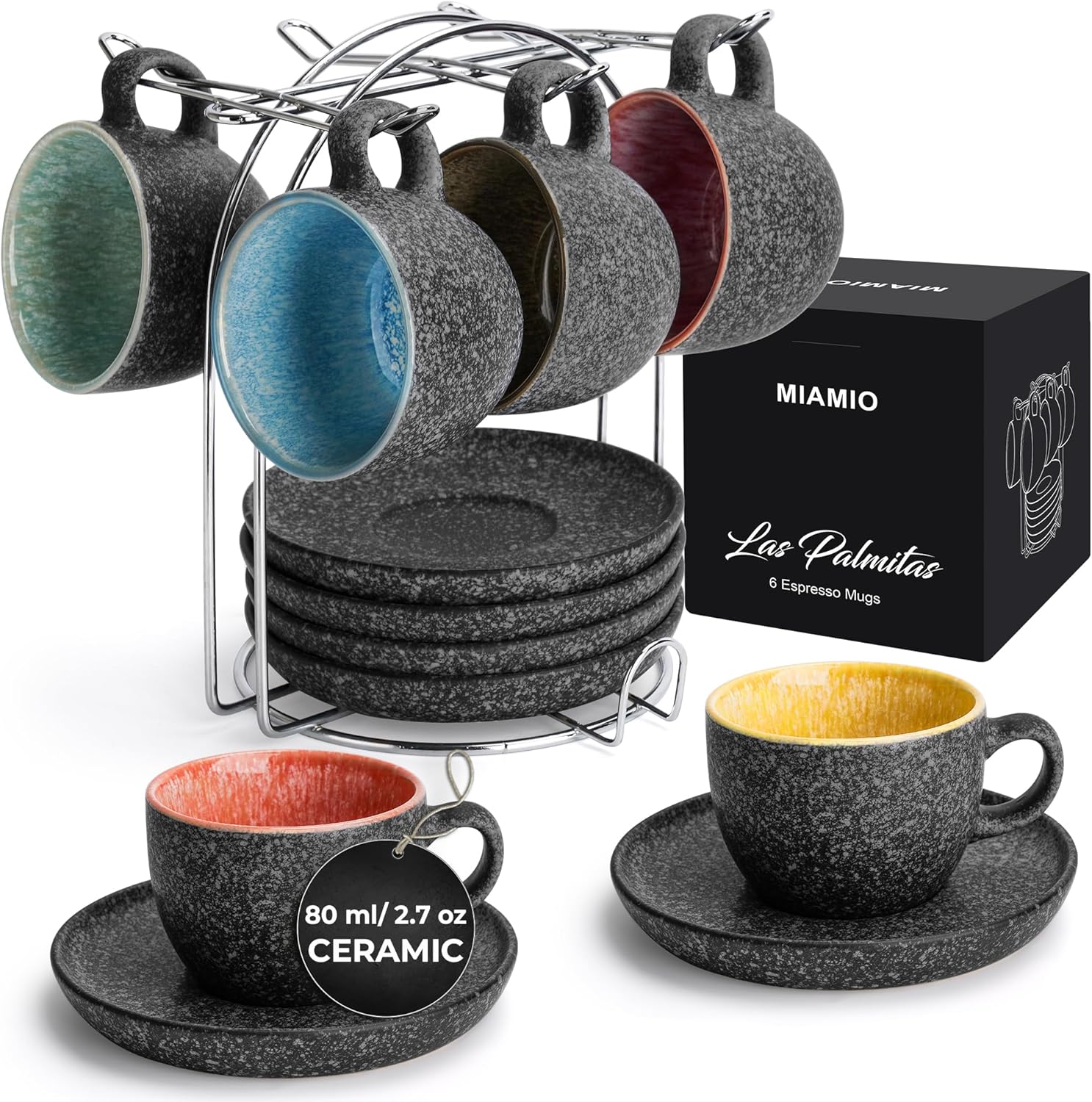 MIAMIO Las Palmitas Ceramic Stackable Espresso Cups with Metal Stand