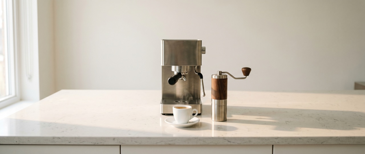 Morning coffee setup with espresso and kettle on counter