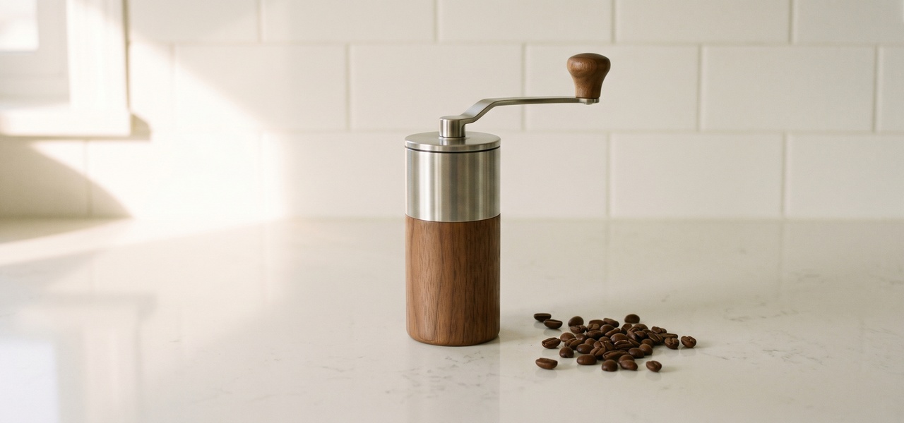 Fresh coffee beans being poured into a hand grinder